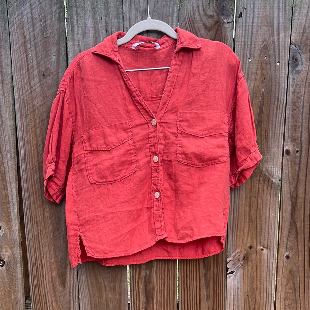 Zara rust colored linen button up shirt